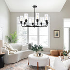 8-Light Modern Black Chandelier with Clear Glass Shades, E26 Base Farmhouse Pendant Light Fixture, Adjustable Swivel Heads Ceiling Lighting, Industrial Chandelier for Dining Room Kitchen Hallway