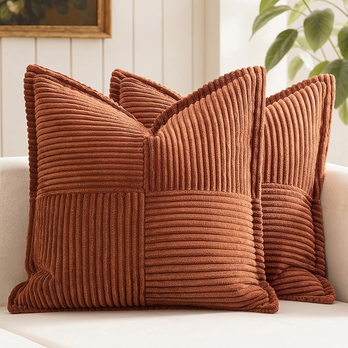 MIULEE Dark Rust Fall Decorative Throw Pillow Covers for Couch Bed Livingroom 16x16 Inch Set of 2 Boho Accent Throw Pllows Broadside Striped Patchwork Soft Corduroy Pillowcases