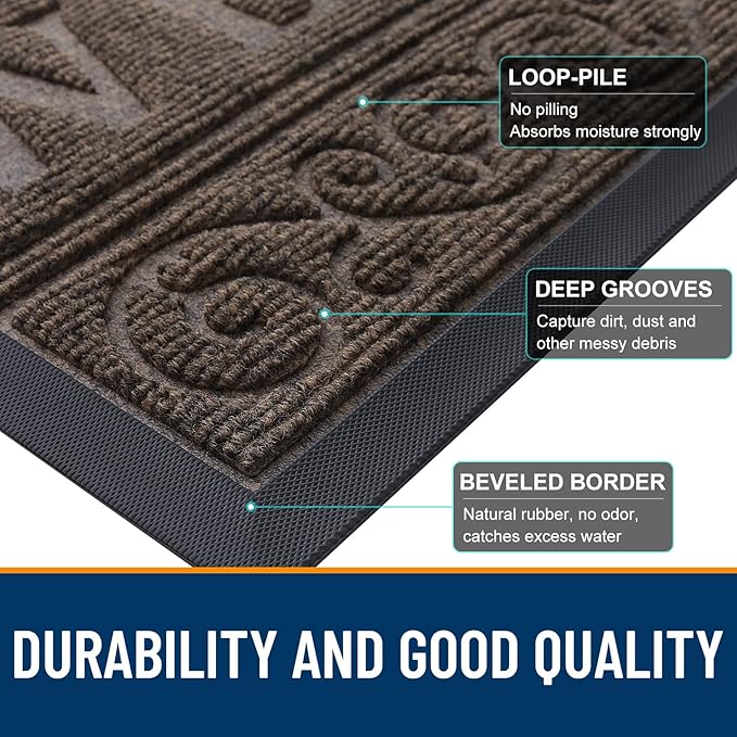 OLANLY Welcome Door Mat Indoor Outdoor Entrance, Heavy Duty Sturdy Front Door Mat, Waterproof All-Weather Doormat, Stain Resistant, Low Profile, Easy Clean Patio Entryway Mat, 36 x 24, Brown