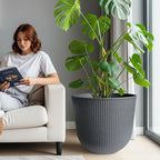 WORTH Garden Round Large Planter Pot Set of 2-17.5" Dia x 15.5" H - Durable Plastic Grey Plant Tree Pots with Vertical Stripe Textured Finish, Drainage Hole for Indoor, Outdoor, Front Porch, Patio