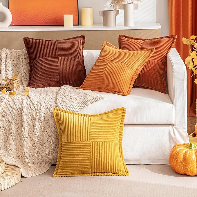 MIULEE Dark Rust Fall Decorative Lumbar Throw Pillow Covers for Couch Bed Livingroom 12x20 Inch Set of 2 Boho Accent Throw Pllows Broadside Striped Patchwork Soft Corduroy Pillowcases