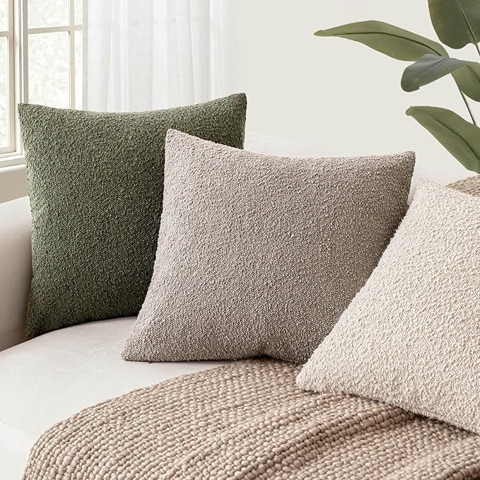 Foindtower Pack of 2, Decorative Textured Boucle Throw Pillow Covers Modern Accent Solid Pillow Cases Cozy Soft Couch Cushion Case for Chair Sofa Bedroom Living Room Home Decor 22x22 Inch Light Taupe