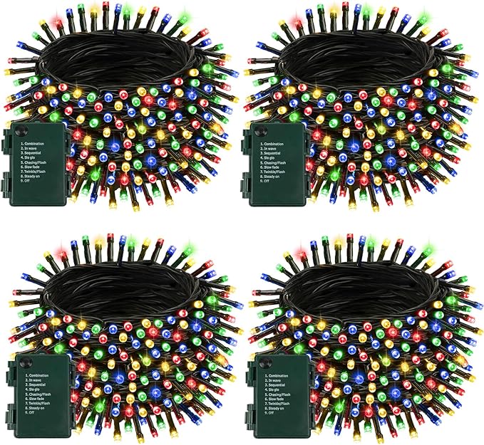 4 Pack Battery Operated Christmas Lights with Timer, 132FT 400 LED Waterproof Battery Twinkle Light, 8 Modes Green Wire Fairy Light for Indoor & Outdoor Bedroom Tree Christmas Decorations (Multicolor)