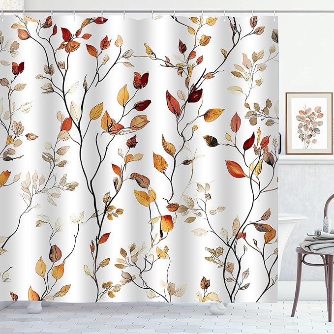 Brown Eucalyptus Leaves Shower Curtain Fall Leaf Floral Shower Curtains for Bathroom Waterproof Polyester Fabric Bath Curtain 72 x 72 Inch with 12 Hooks