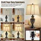 Lamps for Night Stands Set of 2-23.5" Vintage Bedside Lamp with USB A+C and Nightlight - Black Retro Carved Resin Farmhouse Table Lamp for Bedrooms, End Tables, Living Room, Bulbs Included