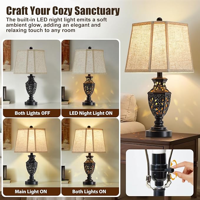 Lamps for Night Stands Set of 2-23.5" Vintage Bedside Lamp with USB A+C and Nightlight - Black Retro Carved Resin Farmhouse Table Lamp for Bedrooms, End Tables, Living Room, Bulbs Included