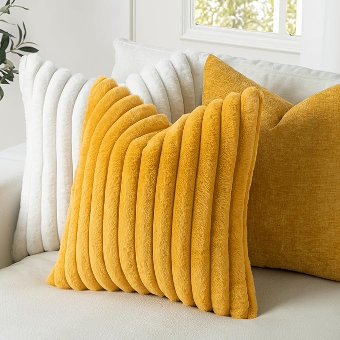 MIULEE Faux Fur Decorative Throw Pillow Covers 16x16 Inch Set of 2, Retro Vintage Boho Home Decor Soft Plush Couch Pillows Cozy Fluffy Cushion Covers for Sofa Bed Mustard Yellow