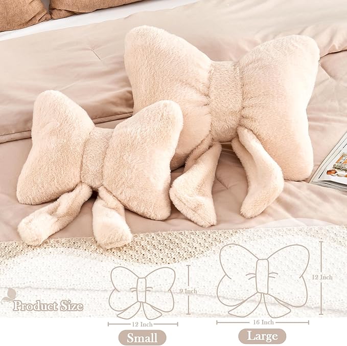 Beige Bow Pillow, Soft Bow Decorative Pillows with Faux Rabbit Fur, Cute 12" Bow Throw Pillows, Aesthetic Home Decor Bow Shaped Plush Pillow for Bedroom Sofa Couch