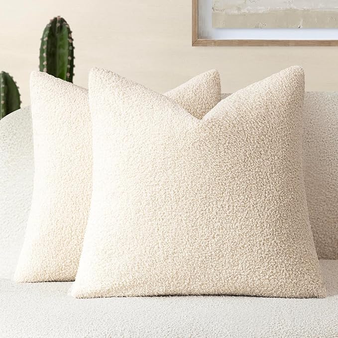 Foindtower Pack of 2, Curly Faux Fur Decorative Throw Pillow Covers Soft Fuzzy Plush Cushion Case with Zipper Cozy Pillowcase for Home Living Room Couch Bed Sofa 18 x 18 Inch,Light Ivory