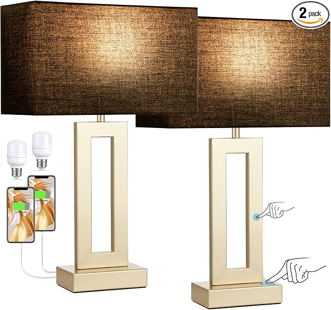 Nightstand Table Lamps for Bedrooms Set of 2 - Touch Bedside Lamp with USB C+A, 3 Way Dimmable Living Room Lamps for End Tables Set of 2(Black&Gold)
