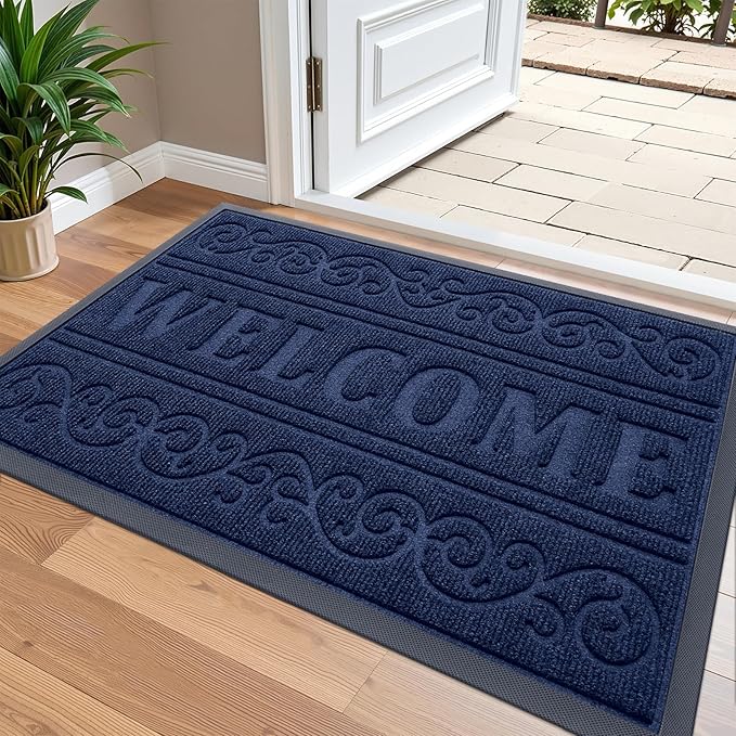 OLANLY Welcome Door Mat Indoor Outdoor Entrance, Heavy Duty Sturdy Front Door Mat, Waterproof All-Weather Doormat, Stain Resistant, Low Profile, Easy Clean Patio Entryway Mat, 36 x 24, Navy