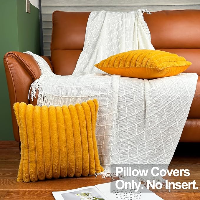 16x16 Throw Pillow Covers Set of 2, Decorative Faux Fur Covers for Bed, Couch Soft Fluffy Pillow Cover with Velvet Back for Living Room, Neutral Home Décor Accent for Sofa - Yolk Yellow