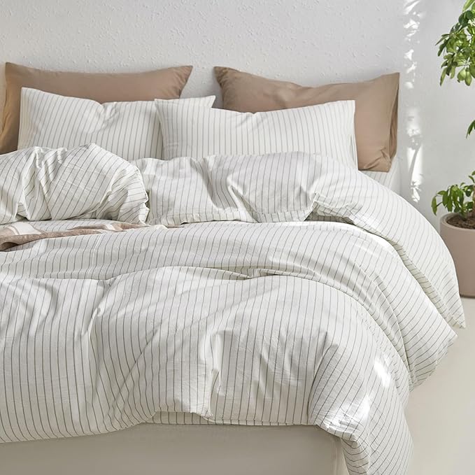 MooMee Striped Duvet Cover Set 100% Washed Cotton Linen Like Textured Breathable Durable Soft Comfy (White Sage Green Wide Stripes, Oversized Queen 98"x98")