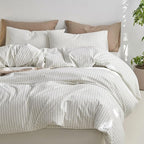 MooMee Striped Duvet Cover Set 100% Washed Cotton Linen Like Textured Breathable Durable Soft Comfy (White Sage Green Wide Stripes, Queen 90"x90")
