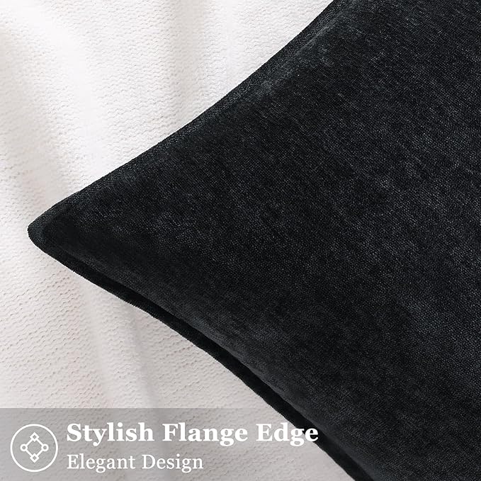 decorUhome Couch Throw Pillow Covers 20x20 Set of 2, Decorative Soft Euro Neutral Chenille Pillow Covers with Elegant Design for Sofa Bed Living Room Home Decor, Black