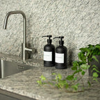 16oz Glass Soap Dispenser with Stainless Steel Pump, 21 Waterproof Labels, Non-Slip Protective Silicone Pad, Set of 2 for Bathroom & Kitchen (Matte Black Bottle/Black Pump)