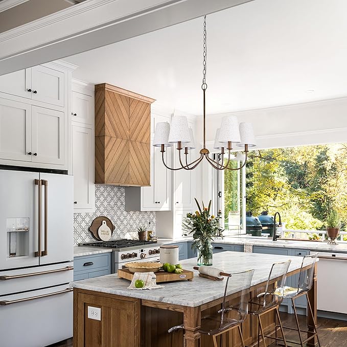 Chandelier, Retro Antique Brown with White Beige Fabric Shade, 6-Light 28" Country Rustic Farmhouse Linear Pendant Lighting Fixture for Kitchen Island Dining Living Room Bedroom