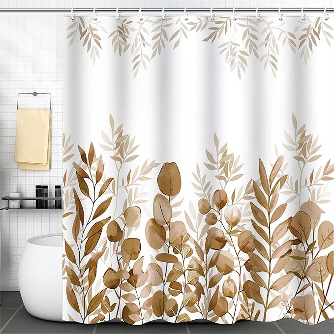 Brown Eucalyptus Shower Curtain Tan Watercolor Plant Leaves Shower Curtains for Bathroom Waterproof Polyester Fabric Bathroom Curtain 72 x 72 Inch with 12 Hooks