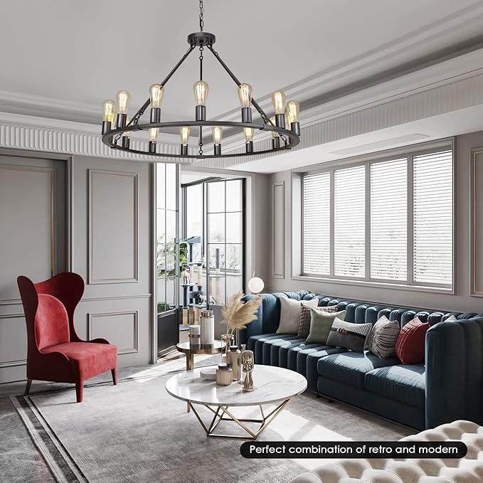 Wagon Wheel Chandelier, 15 Light Black Farmhouse Chandeliers for Dining Room, Dia 40'' Industrial Dining Room Light Fixture for Kitchen Island Living Room Foyer
