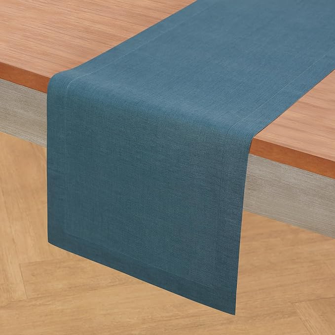 Solino Home Linen Table Runner 60 Inches - 100% Pure Linen Peacock Blue Table Runner 14 x 60 Inch Ideal for Dresser and Coffee Tables - Fete