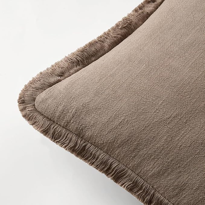EMEMA Linen Fringe Throw Pillow Covers Set of 2 Boho Farmhouse Accent Decorative Pillowcase with Tassels for Couch Sofa Bed Living Room Home Decor 22x22 Inch,Coco Brown