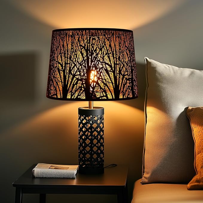 ALUCSET Metal Large Lampshade, Drum Lamp Shade 14" Top x 16" Bottom x 11" High, Lamp Shades for Table and Floor Lamps, Black Gold Finished Etched Forest Replacement Shade, Spider Fitter
