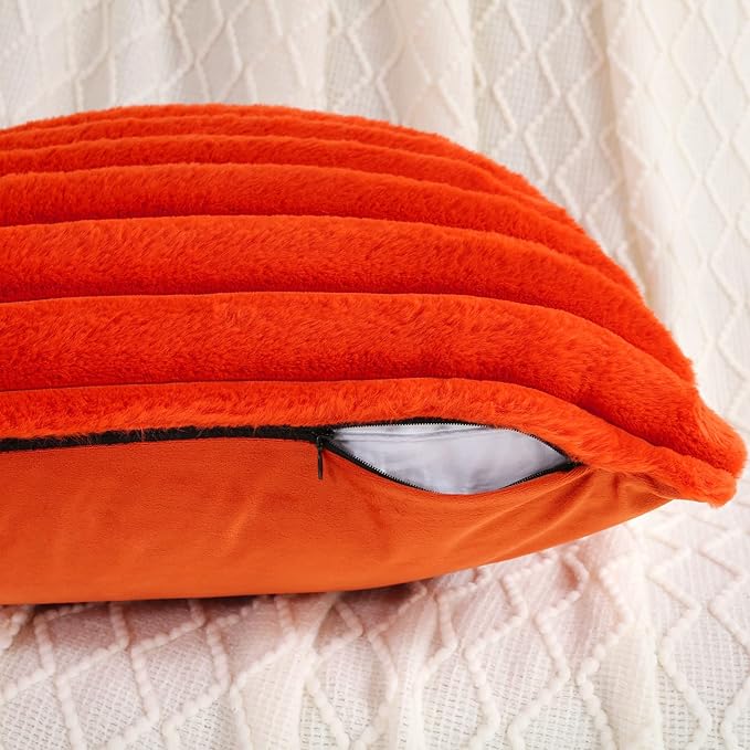 FUTEI Burnt Orange Striped Decorative Throw Pillow Covers 24x24 Inch Set of 2,Square Winter Decorations Couch Euro Pillow Case,Soft Cozy Faux Rabbit Fur & Velvet Back,Modern Home Decor for Bed