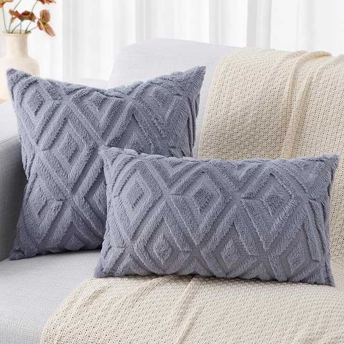 decorUhome Couch Throw Pillow Covers 20x20 Set of 2, Decorative Soft Plush Faux Wool Neutral Accent Pillow Covers for Bed Sofa Living Room, Blue Grey