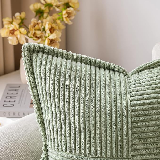 MIULEE Decorative Lumbar Throw Pillow Covers for Couch Bed Livingroom 12x20 Inch Set of 2 Sage Green Boho Accent Throw Pllows Broadside Striped Patchwork Soft Corduroy Pillowcases