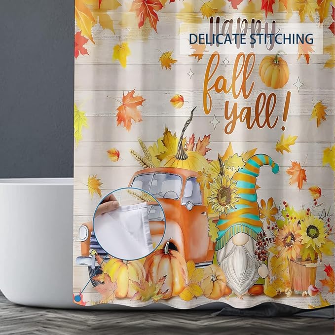 Happy Fall Shower Curtain Gnome Truck Autumn Pumpkin Maple Leaves Harvest Thanksgiving Farmhouse Bathroom Curtains Waterproof Polyester Fabric Bath Curtain 72 x 72 Inch with 12 Hooks