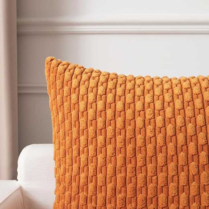 Kevin Textile Fall Throw Pillow Covers Soft Corduroy Decorative Set of 2 Boho Striped Pillow Covers Pillowcases Farmhouse Home Decor for Couch Bed Sofa Living Room 26x26 Inch Orange Yellow