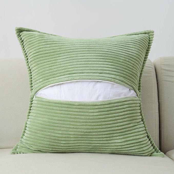 HAUSSY Sage Green Throw Pillow Covers 18x18 Inch Set of 2,Soft Solid Corduroy Striped/Wide Bordered,Square Decorative Cushion Case,Spring Home Decorations for Couch,Bed