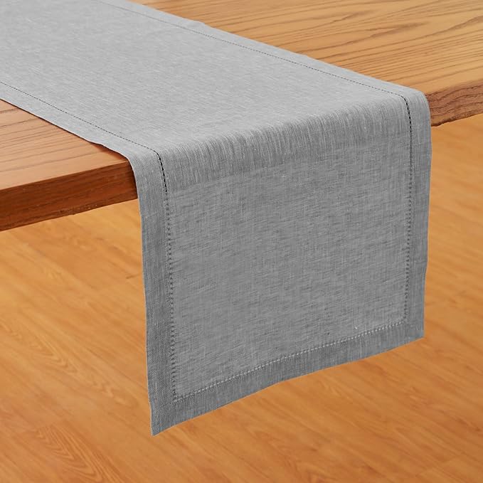 Solino Home Linen Table Runner 108 Inches Long - Milan Hemstitch 100% Pure Linen Oyster Grey Dining Table Runner 14 x 108 Inch for Fall, Autumn, Thanksgiving, Christmas, Holiday