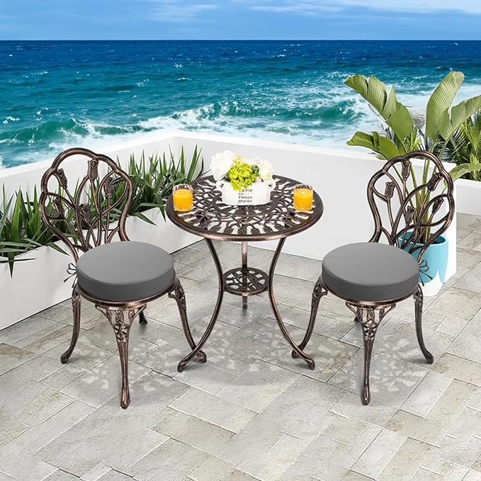 idee-home Outdoor Bistro Chair Cushions, 15”x15”x 3” Thick Outdoor Round Seat Cushions Set of 2 with Ties, Waterproof Round Patio Furniture for Garden
