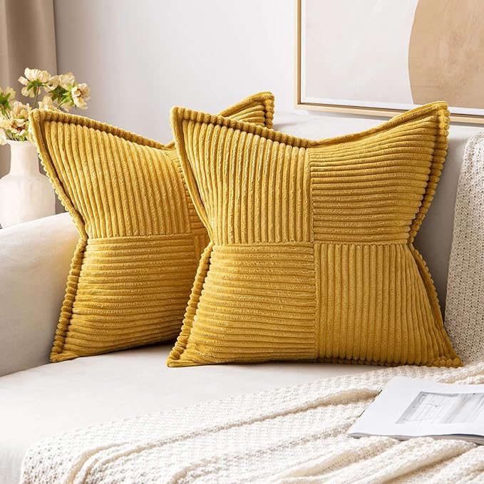 MIULEE Decorative Throw Pillow Covers for Couch Bed Livingroom 18x18 Inch Set of 2 Fall Mustard Yellow Boho Accent Throw Pllows Broadside Striped Patchwork Soft Corduroy Pillowcases