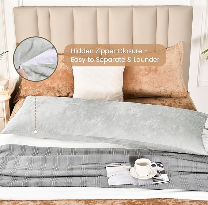 PHF Truly Velvet Zippered Body Pillowcase, No Insert, 1 Pack Ultra Soft Breathable Pillow Sham Cover with Zipper, 20"X 54" Long Luxury Cozy Warm Fuzzy Flannel, Silver Grey
