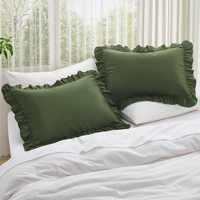 KKJIAF Ruffle Pillow Cases Queen Size Set of 2, Ruffled Pillow Covers with Envelope Closure, Wrinkle Resistant Pillowcases 20" x 30", Ruffled Pillow Shams, Olive Green