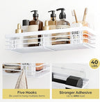 Orimade Adhesive Shower Caddy Soap Dish Holder Shelf with 5 Hooks Bathroom Organizer Basket Kitchen Storage Rack Wall Mounted No Drilling Stainless Steel - 3 Pack, White