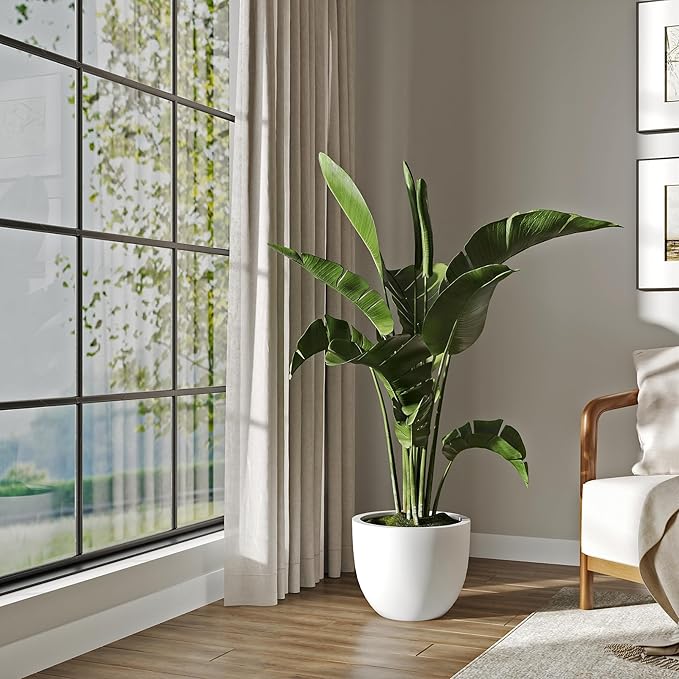 DTY Signature Mount Belford Lightweight and Durable Modern Fiberstone Egg Shaped Planter for Indoor/Outdoor Drainage Hole & Rubber Plug Weather Resistant 12" H x 15" Dia, 12.8" Opening - Medium, White