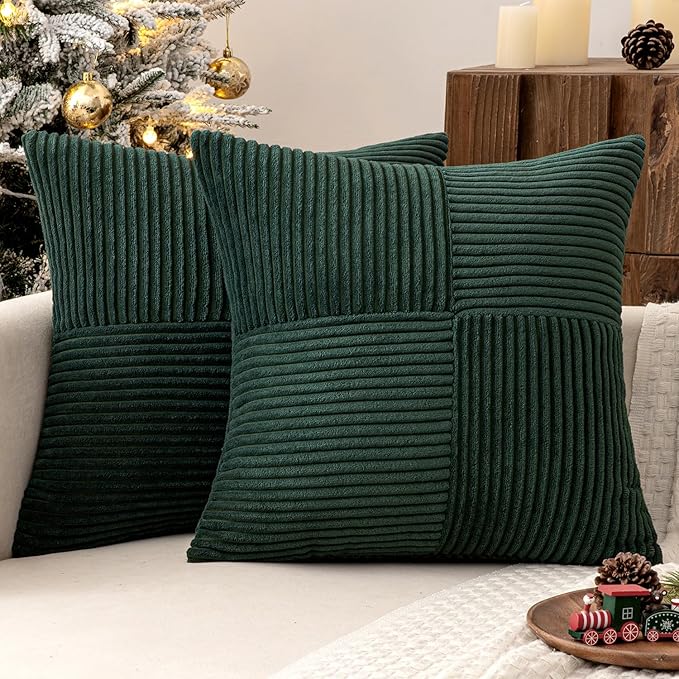 MIULEE Christmas Army Green Corduroy Pillow Covers Pack of 2 Boho Decorative Spliced Throw Pillow Covers Soft Solid Couch Pillowcases Cross Patchwork Cushion Covers for Living Room Bed Sofa 24x24 inch