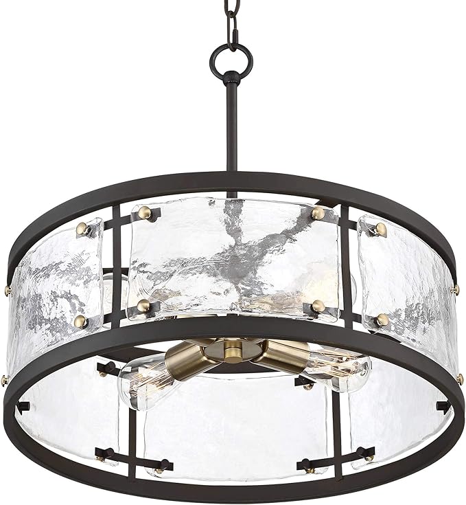 Possini Euro Design Bronze Pendant Light - 4 Light, Clear Waterglass Drum Shade, Bronze Brass Rustic Modern Pendant Light for Kitchen Islands, Dining Rooms, and Living Rooms - 19" Wide, 18 1/4" High