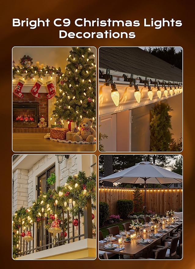 C9 Christmas Lights Outdoor, 66 FT 100 LED Connectable C9 String Lights with 8 Modes and Timer Extendable Xmas Tree Patio Roofline Garden Yard Holiday Party Indoor Outdoor Decoration, Warm White