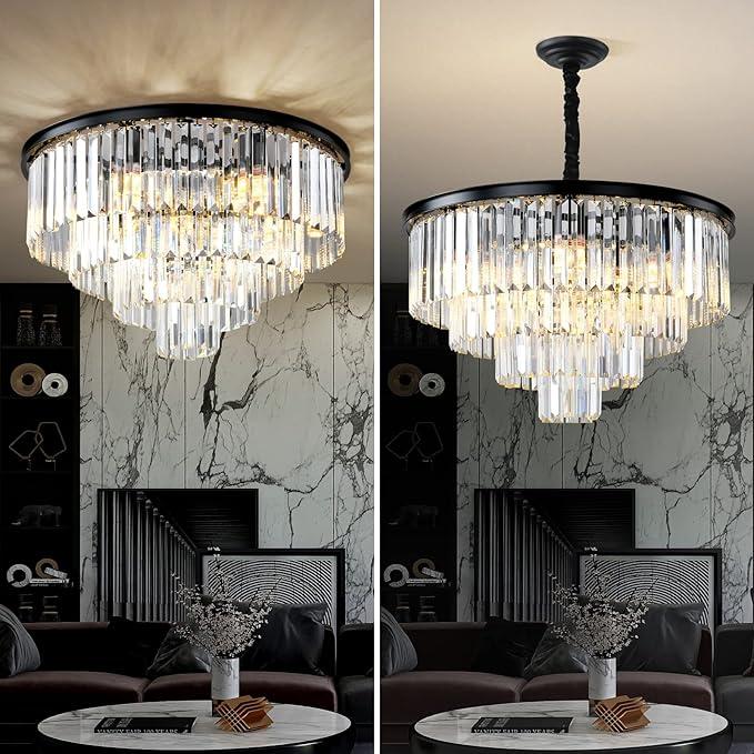 Black Modern Crystal Chandelier, 4-Tier Round Flush Mount Ceiling Light Fixtures Height Adjustable Pendant Lighting for Dining Room Living Room Bedroom Kitchen Hotel Foyer