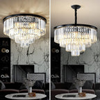 Black Modern Crystal Chandelier, 4-Tier Round Flush Mount Ceiling Light Fixtures Height Adjustable Pendant Lighting for Dining Room Living Room Bedroom Kitchen Hotel Foyer