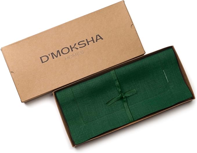 D'Moksha Homes Linen Forest Green Table Runner 72 Inches Long - 100% Pure Linen Hemstitch Table Runner 14 x 72 Inch for Dresser, Dining, Fall, Autumn and Halloween - Classic Hemstitch