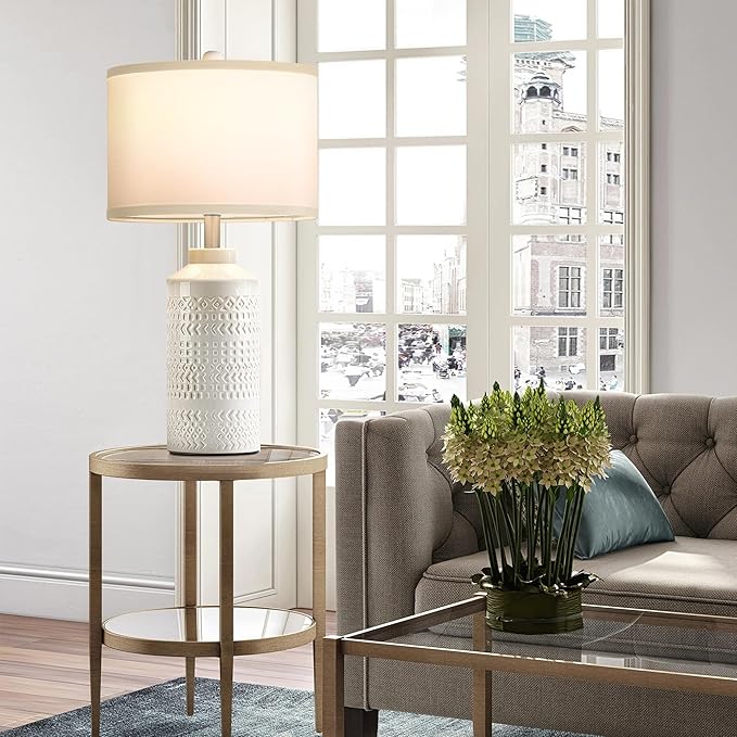 23.5" Ceramic Table Lamps for Living Room, Modern Cream White Table Lamps for Bedrooms Set of 2, Vintage Ceramic Lamps for Night Stands, White Shade Retro Nightstand Lamps for Bedroom