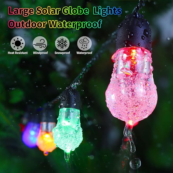 Solar String Lights Outdoor Waterproof - Upgrade 59Ft Pear-Style Multi Color Large Globe String Lights Solar Powered with Remote, Color Changing Solar Patio Lights for Outside Camping Tent Decor