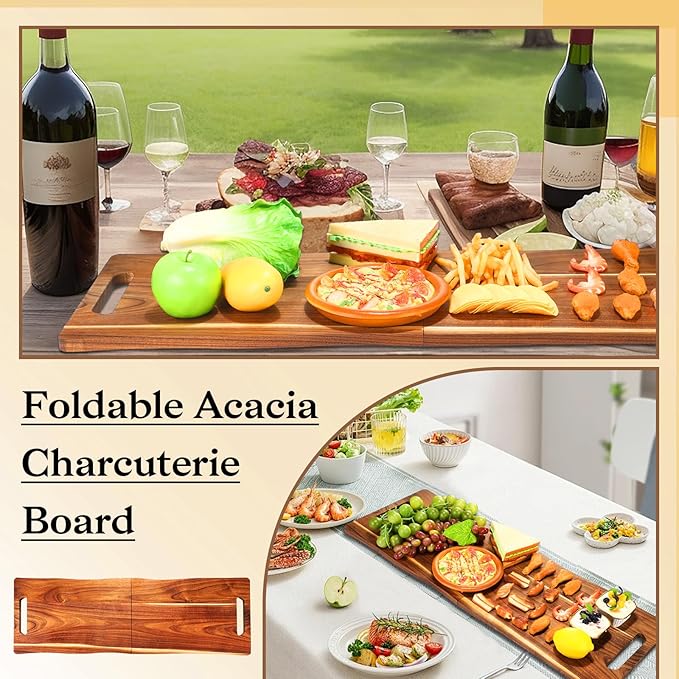 Acacia Large Charcuterie Board, Wood Charcuterie Boards with Handles Foldable Travel 36 x 12 Inch Cheese Boards Serving Board with Food Meat Party Appetizers (Extra Large, Rectangular)