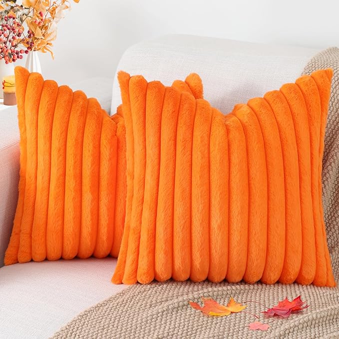 Pallene Faux Fur Plush Fall Throw Pillow Covers 22x22 Set of 2, Luxury Soft Fluffy Striped Decorative Pillow Covers for Sofa, Couch, Living Room, Burnt Orange