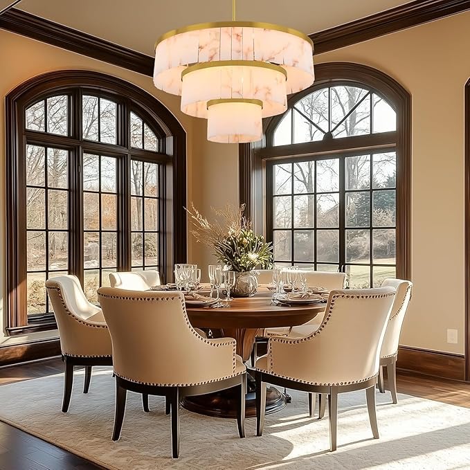 D34in Alabaster Round Chandelier, 3 Tiers Modern Marble Dining Room Chandeliers, Spanish Natural Alabaster Chandeliers, Alabaster Pendant Light Fixture, for Bedroom Entryway Foyer, Living Room